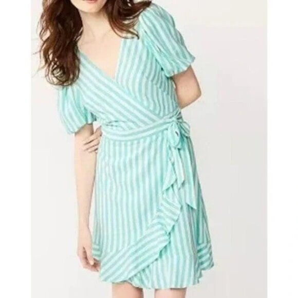 NWT Draper James Teal and White Puff Sleeve True Wrap Linen Mini Dress - Size XL - Picture 1 of 16